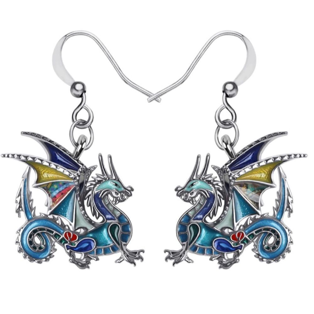 Silver and Multicolor Enamel Mythical Dragon Dangling French Wire Hook Earrings